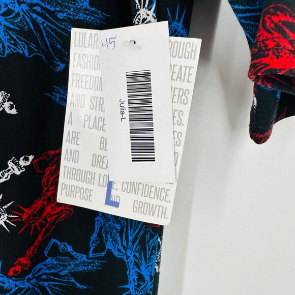 LuLaRoe Juliet Dress Patriotic Black Red Blue White Statue Of Liberty Print L - Picture 5 of 7